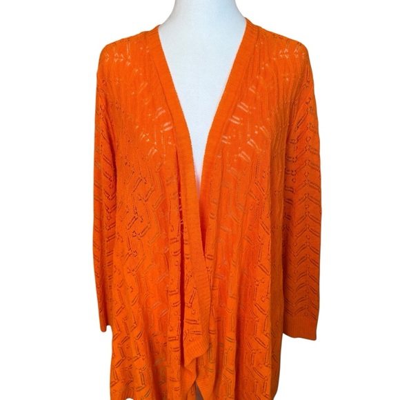 Chicos Size 3 (XL) Lily Open Knit Cardigan Sweater Long Sleeve Orange Shark Bite - Picture 5 of 12
